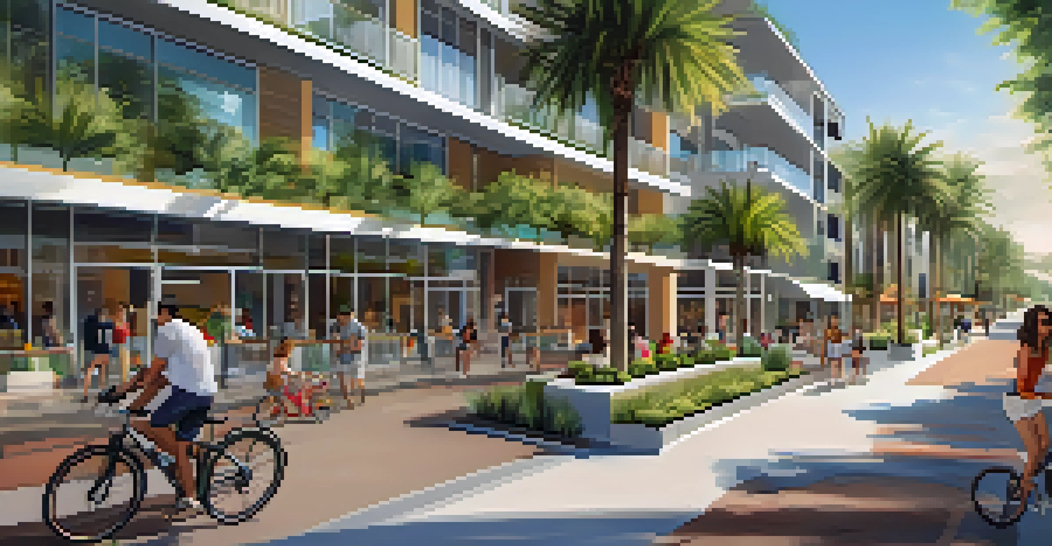 A lively mixed-use development in Tampa with residential buildings, parks, and commercial spaces, populated by people enjoying the outdoors.