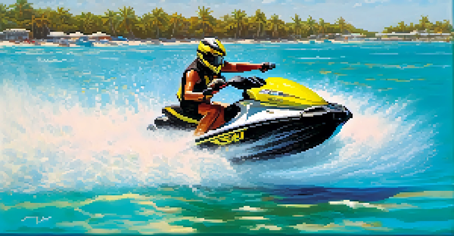 A jet skier speeding across Tampa Bay with splashes of water and a bright sun overhead.