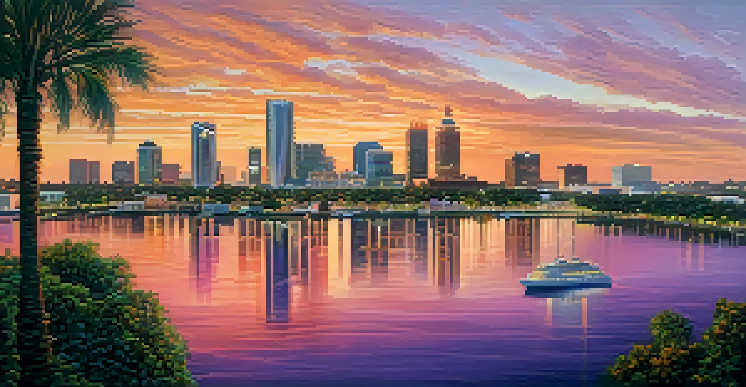 A picturesque aerial view of Tampa's skyline at sunset, with buildings and parks bathed in warm colors.