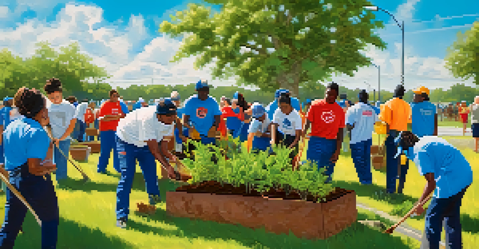 Community college students volunteering at a local non-profit, planting trees and engaging with community members under a clear blue sky.