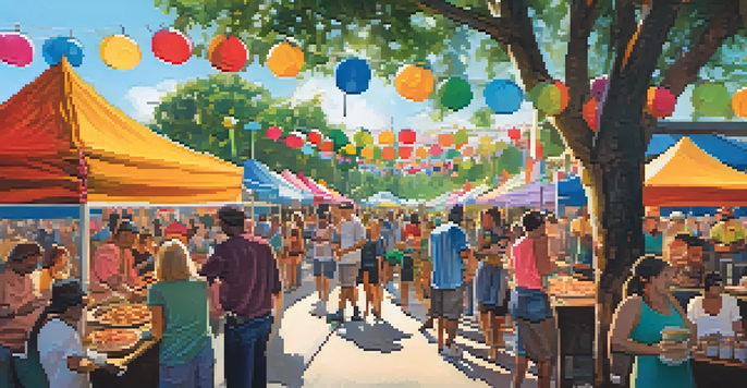 A lively food festival in Tampa with colorful stalls, diverse dishes, and people enjoying the atmosphere.