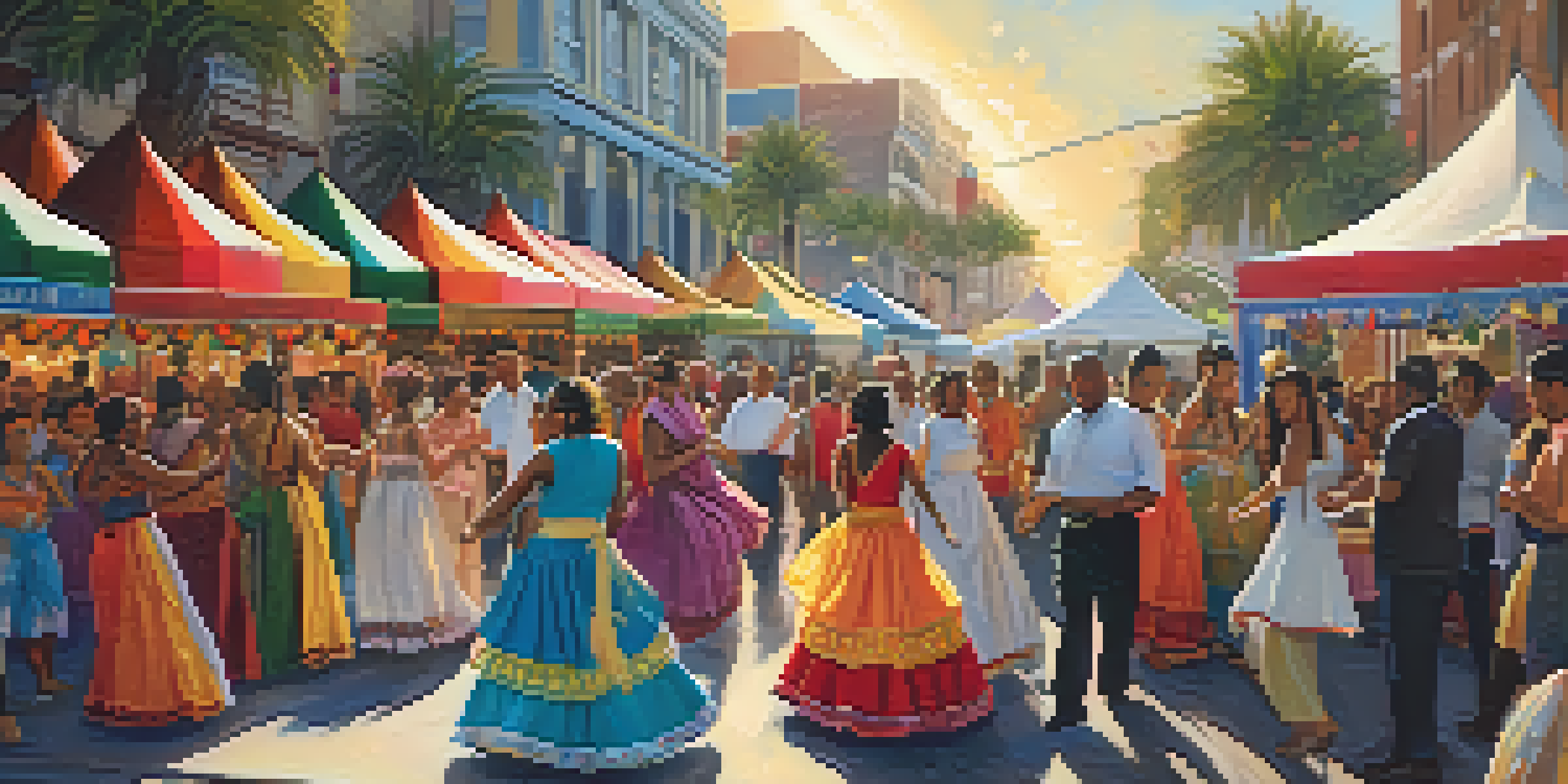 A lively festival scene in Tampa with people in colorful traditional clothing, food stalls, and bright decorations under a sunny sky.