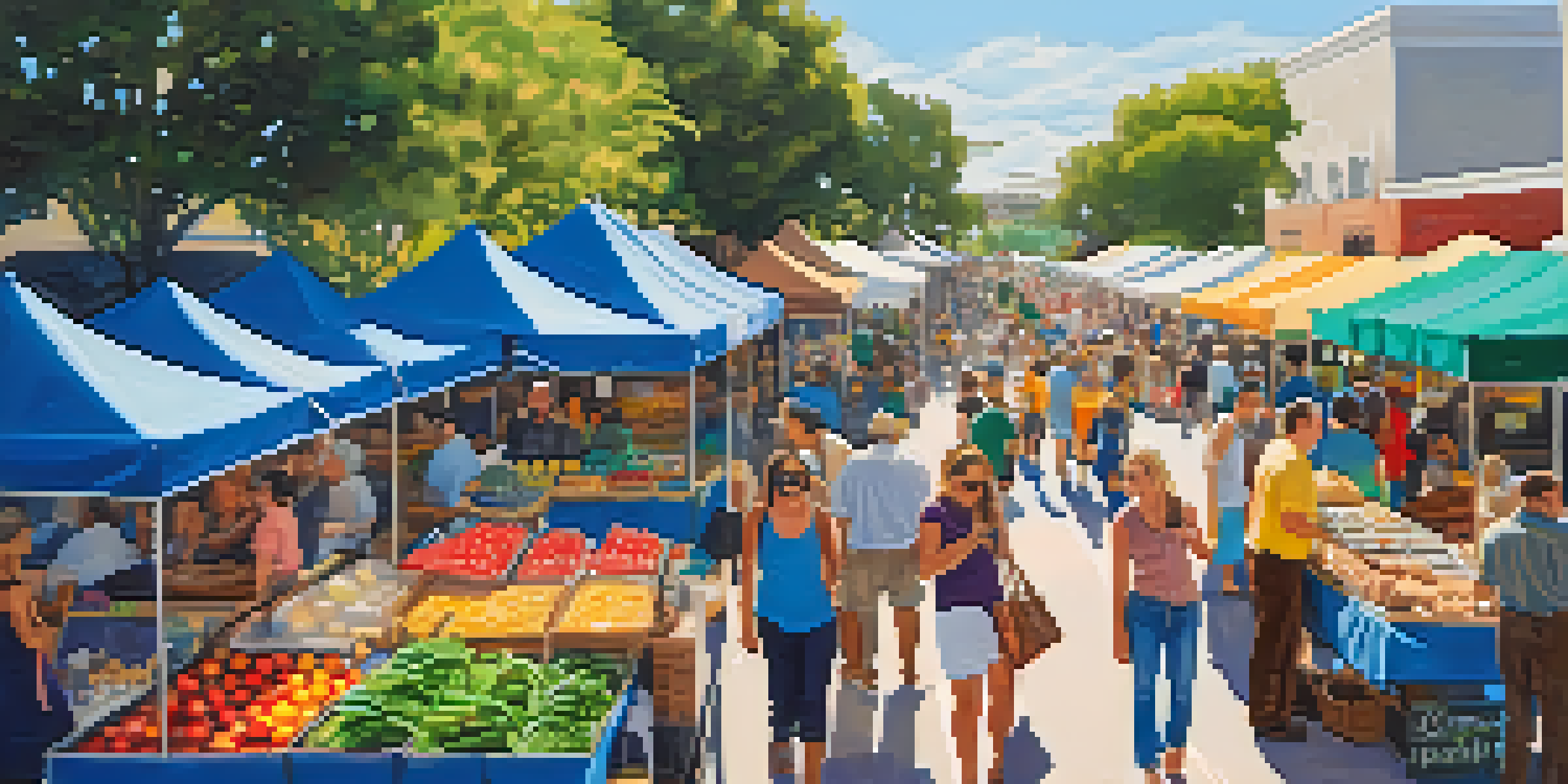 A busy farmers' market in Tampa with colorful stalls and diverse people shopping and chatting under a clear blue sky.