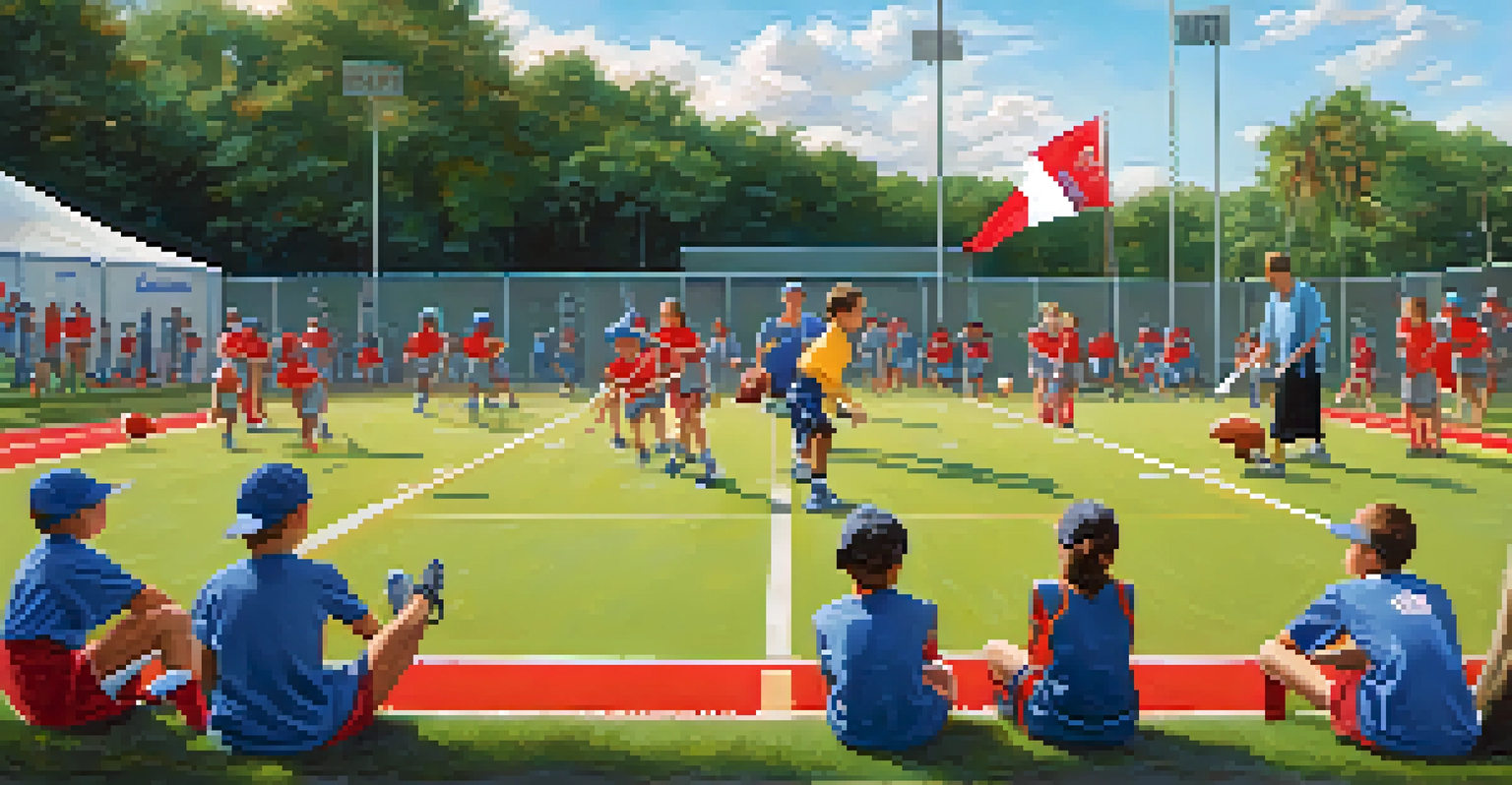Young athletes participating in a sports clinic, learning skills from a coach on a vibrant field with team banners in the background.