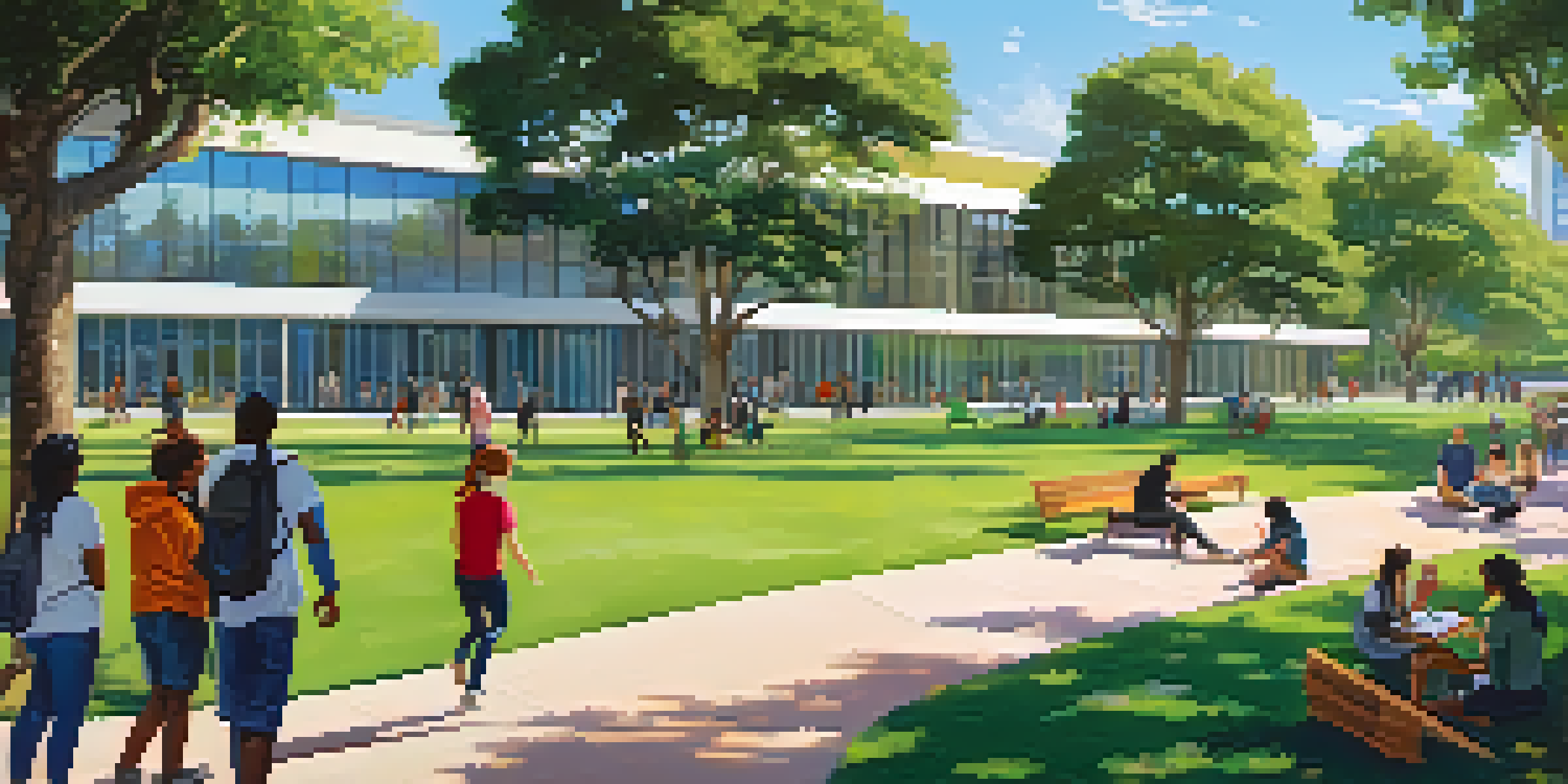 A sunny university campus with diverse students studying on the grass under a tree, modern buildings in the background.