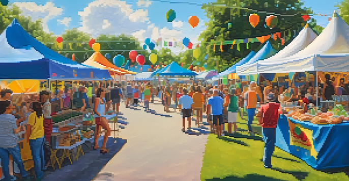 A lively outdoor festival in Tampa with colorful tents, food stalls, and people enjoying live music on a sunny day.