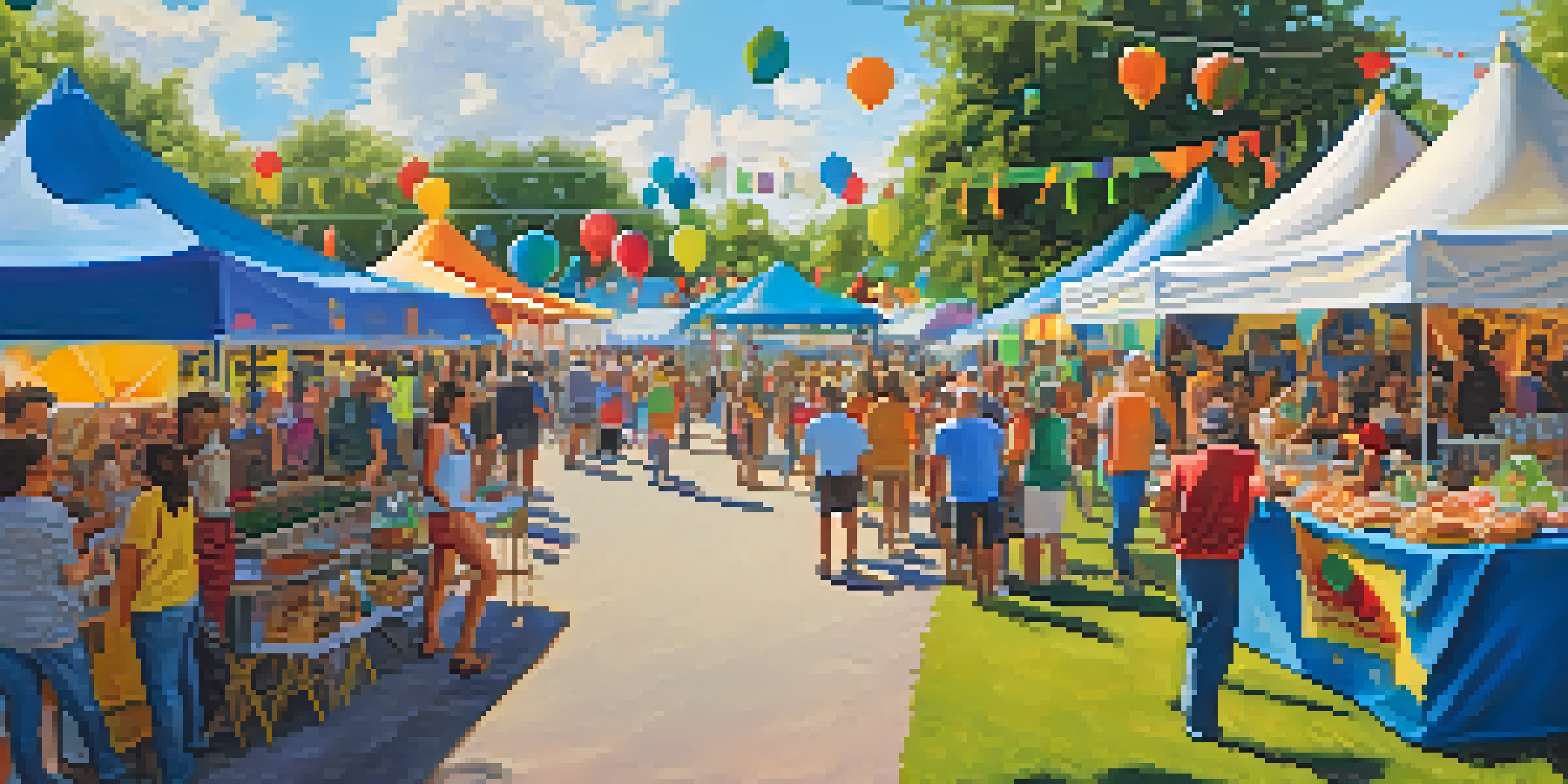 A lively outdoor festival in Tampa with colorful tents, food stalls, and people enjoying live music on a sunny day.