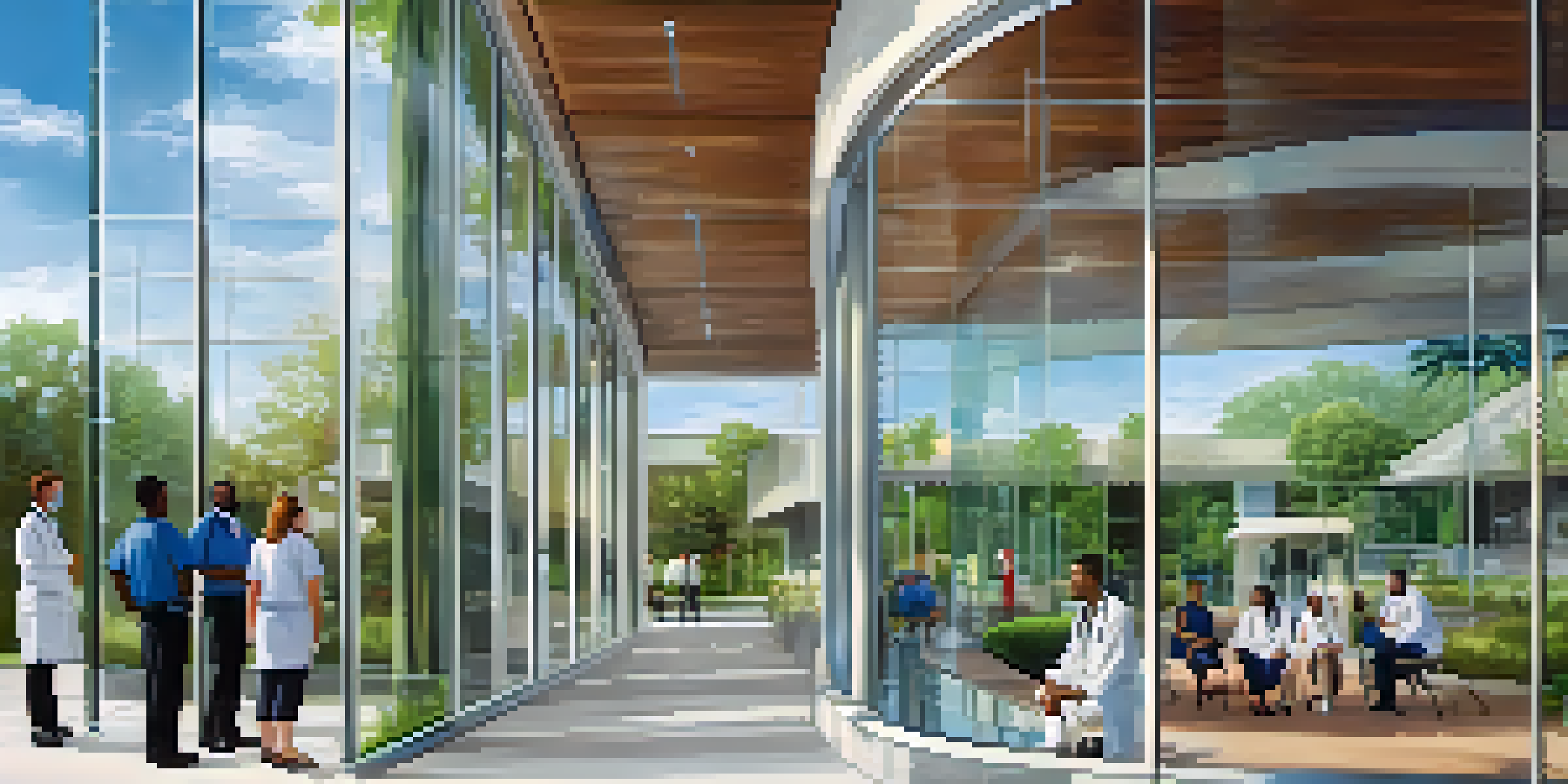 A group of healthcare professionals in front of a modern hospital with glass windows and greenery.