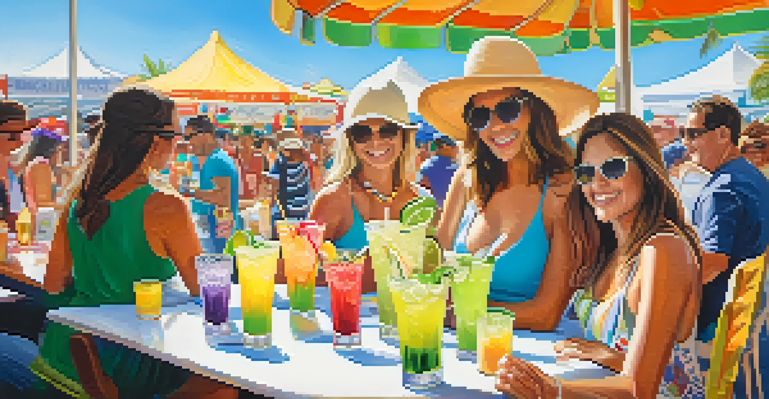 A group of friends enjoying colorful margaritas at the Tampa Bay Margarita Festival, with live music and festive decorations in the background.