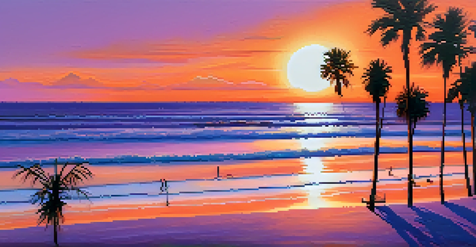 A serene sunset over Clearwater Beach with soft sands and gentle waves, featuring silhouettes of palm trees and beachgoers.