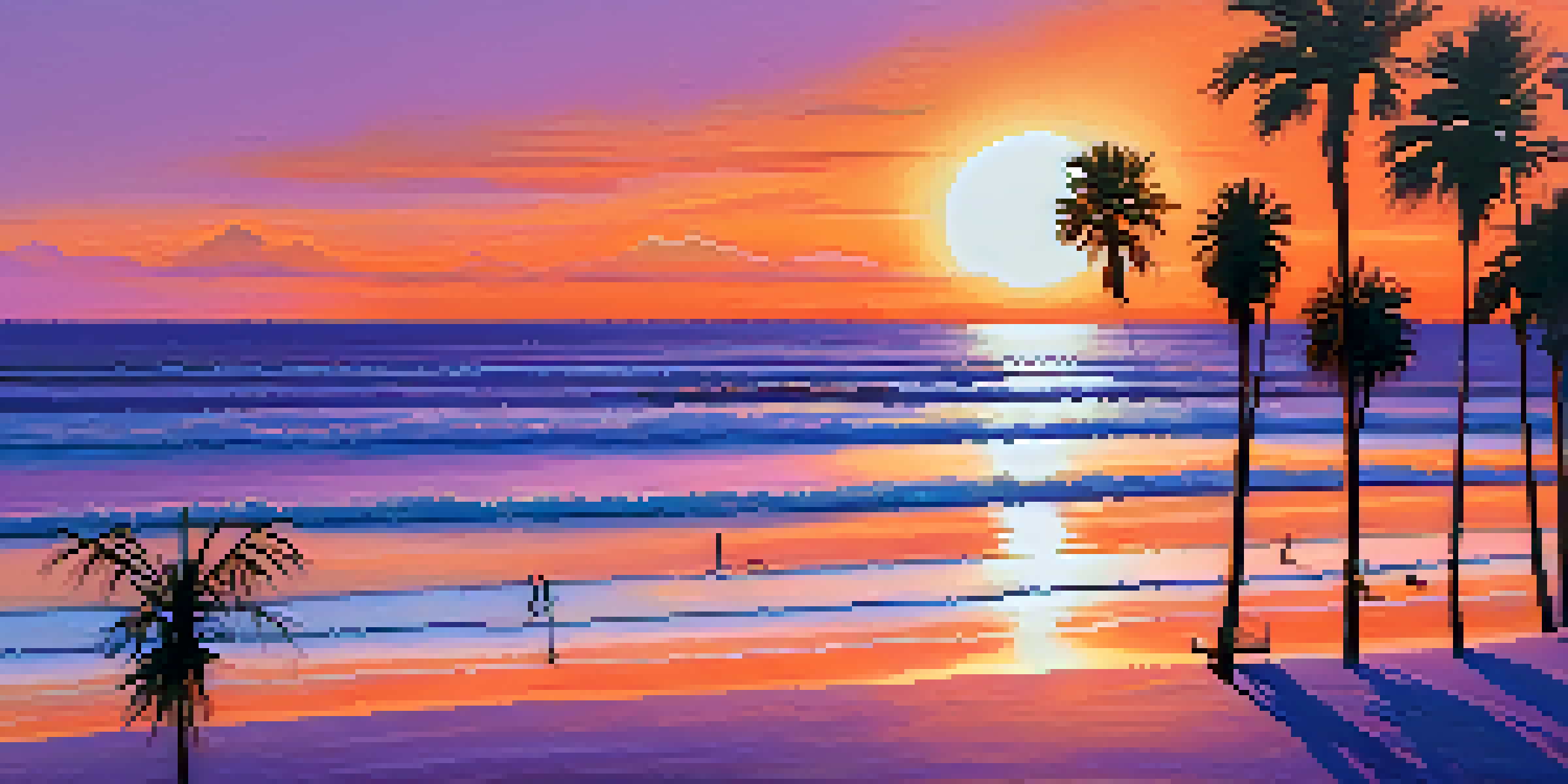 A serene sunset over Clearwater Beach with soft sands and gentle waves, featuring silhouettes of palm trees and beachgoers.