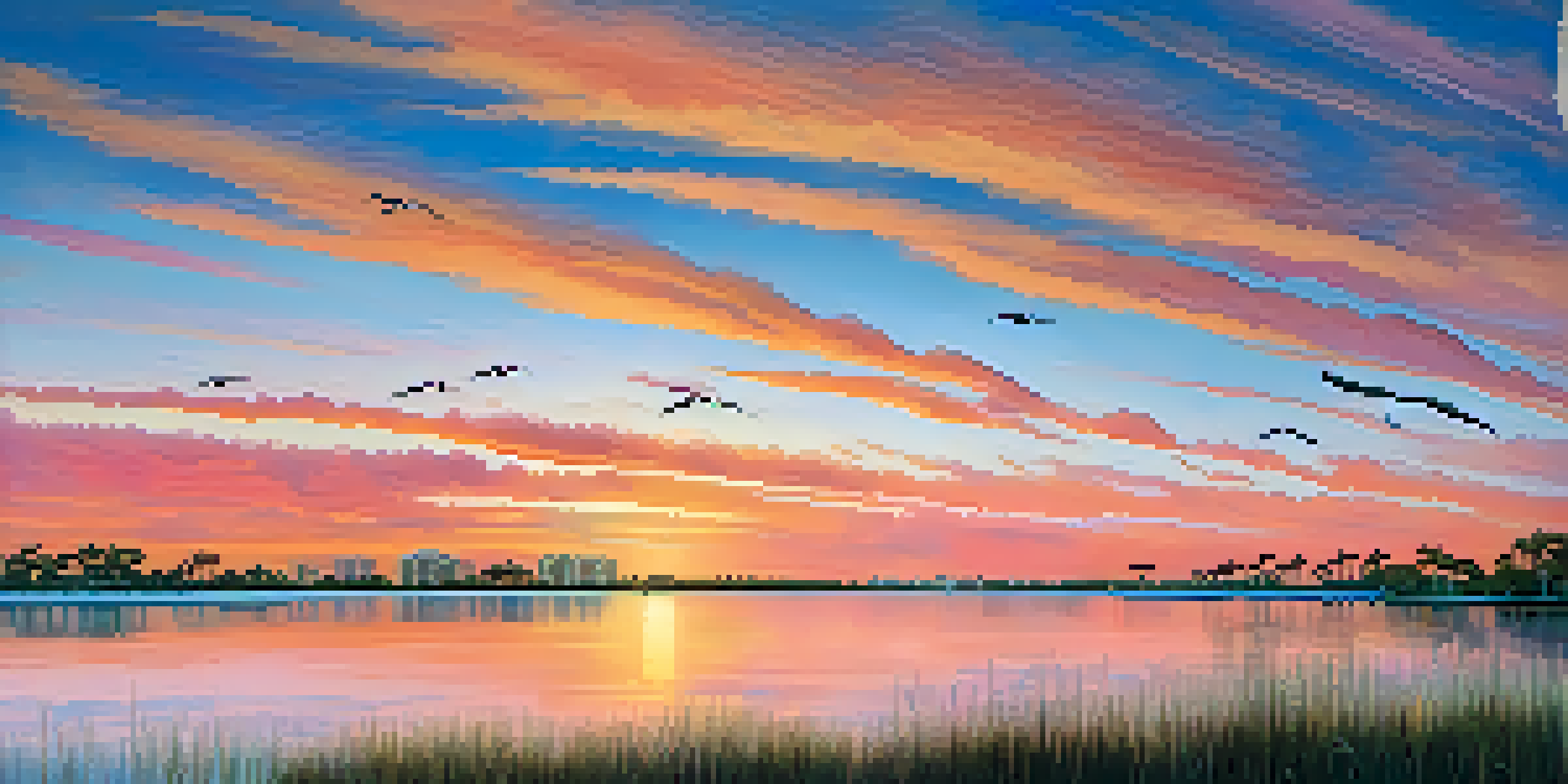 A picturesque sunset over Tampa Bay with colorful skies, calm waters, and mangrove trees in the foreground.