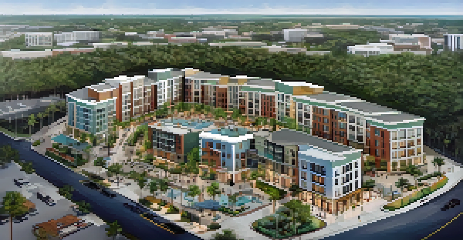 Aerial view of a lively mixed-use development in Tampa with residential and commercial spaces.