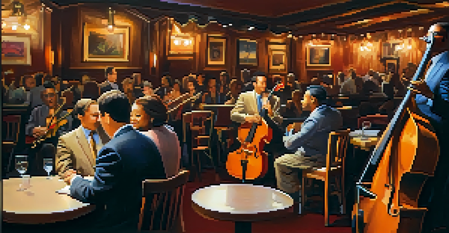 A cozy jazz festival with musicians on stage and an audience enjoying the music in a warm ambiance.
