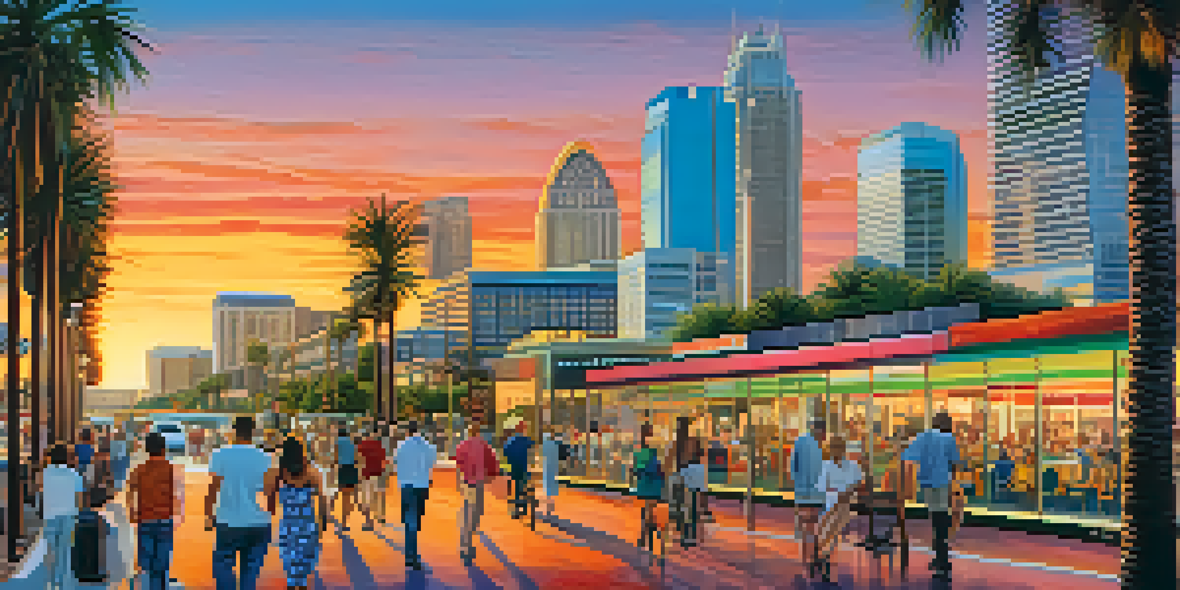 A vibrant cityscape of Tampa with a modern skyline, sunset reflections, and palm trees, filled with people enjoying outdoor activities.