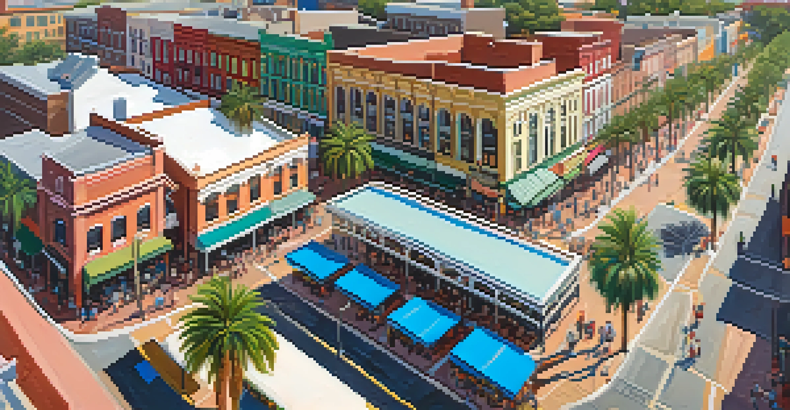 An aerial view of Ybor City with historic buildings, palm trees, and bustling outdoor cafes under warm sunlight.