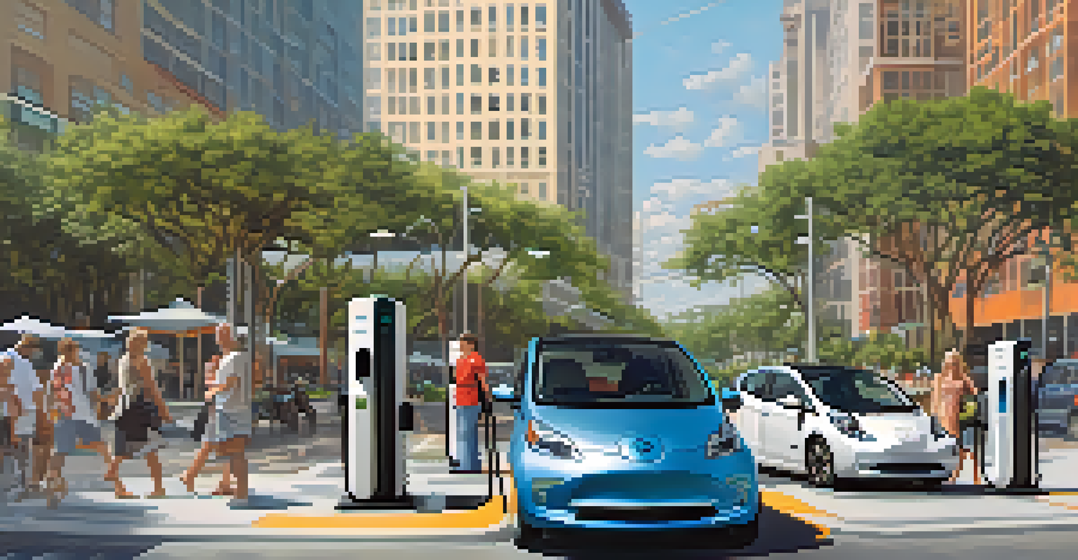 A street scene in Tampa with electric vehicle charging stations and modern buildings in the background.