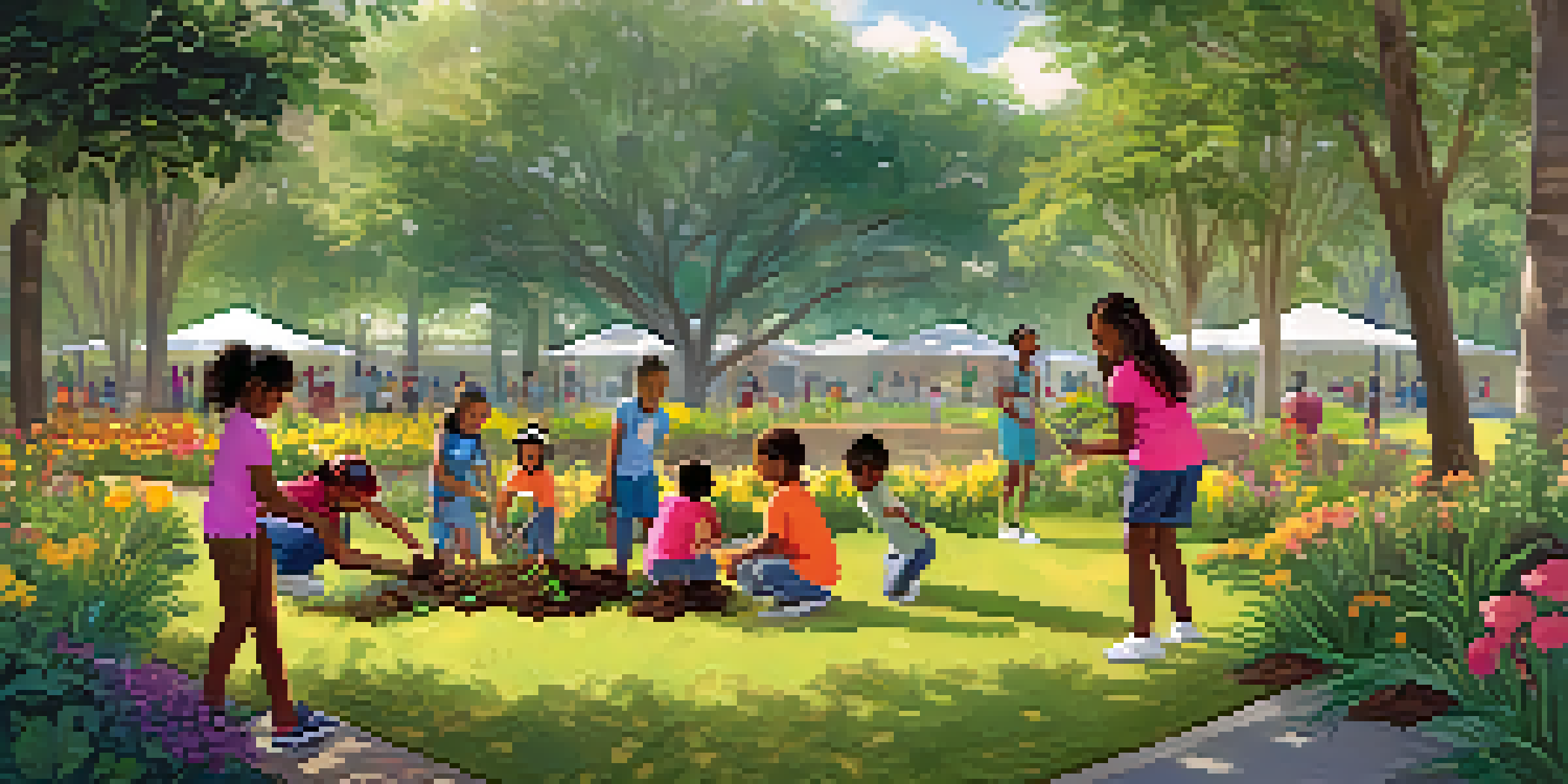 Children of diverse backgrounds planting saplings in a bright Tampa park, surrounded by greenery and flowers under a sunny sky.
