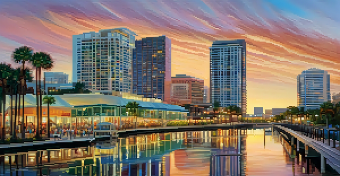 A sunset view of downtown Tampa's skyline with colorful reflections and palm trees in the foreground, depicting urban life.