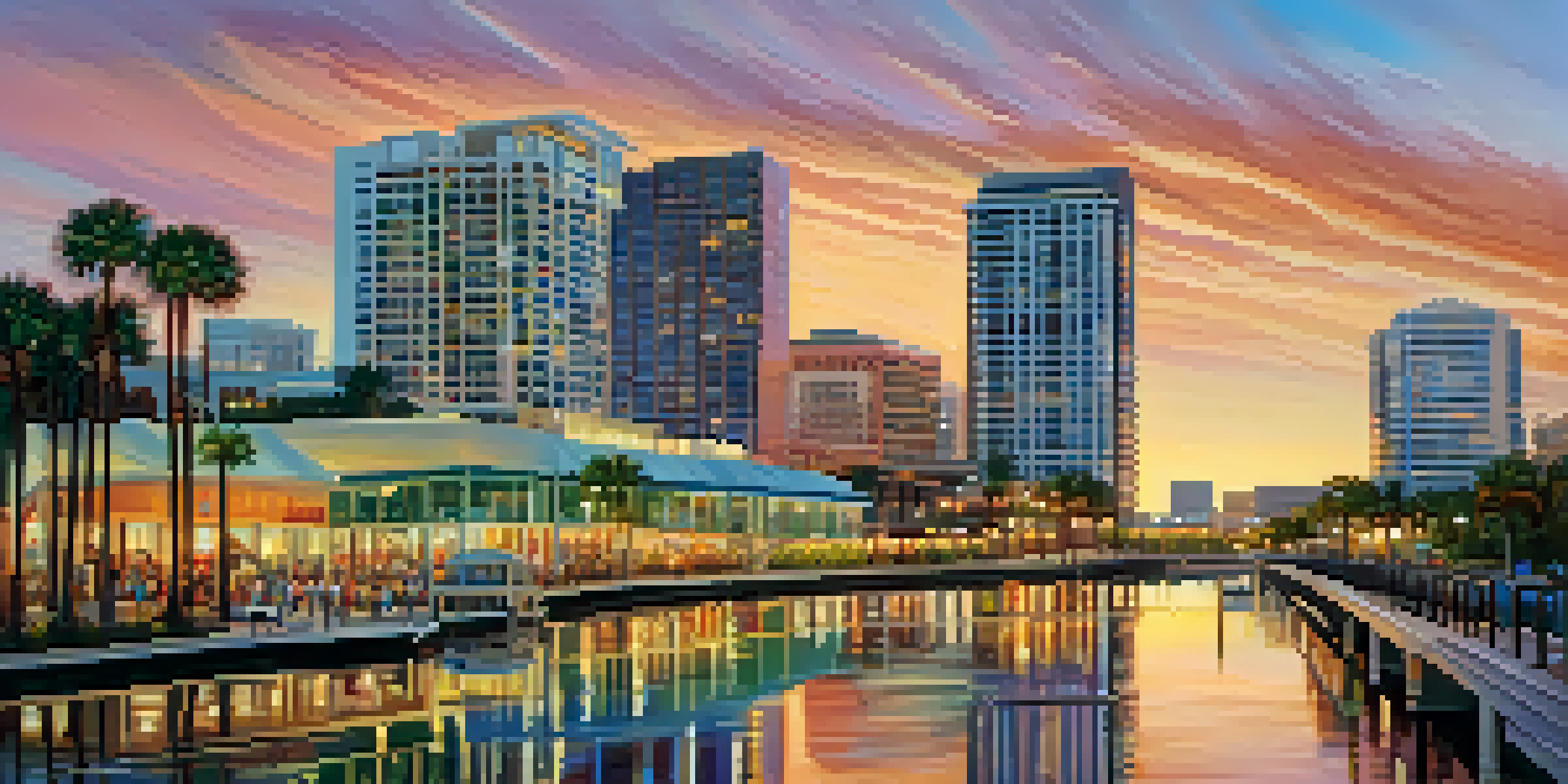 A sunset view of downtown Tampa's skyline with colorful reflections and palm trees in the foreground, depicting urban life.