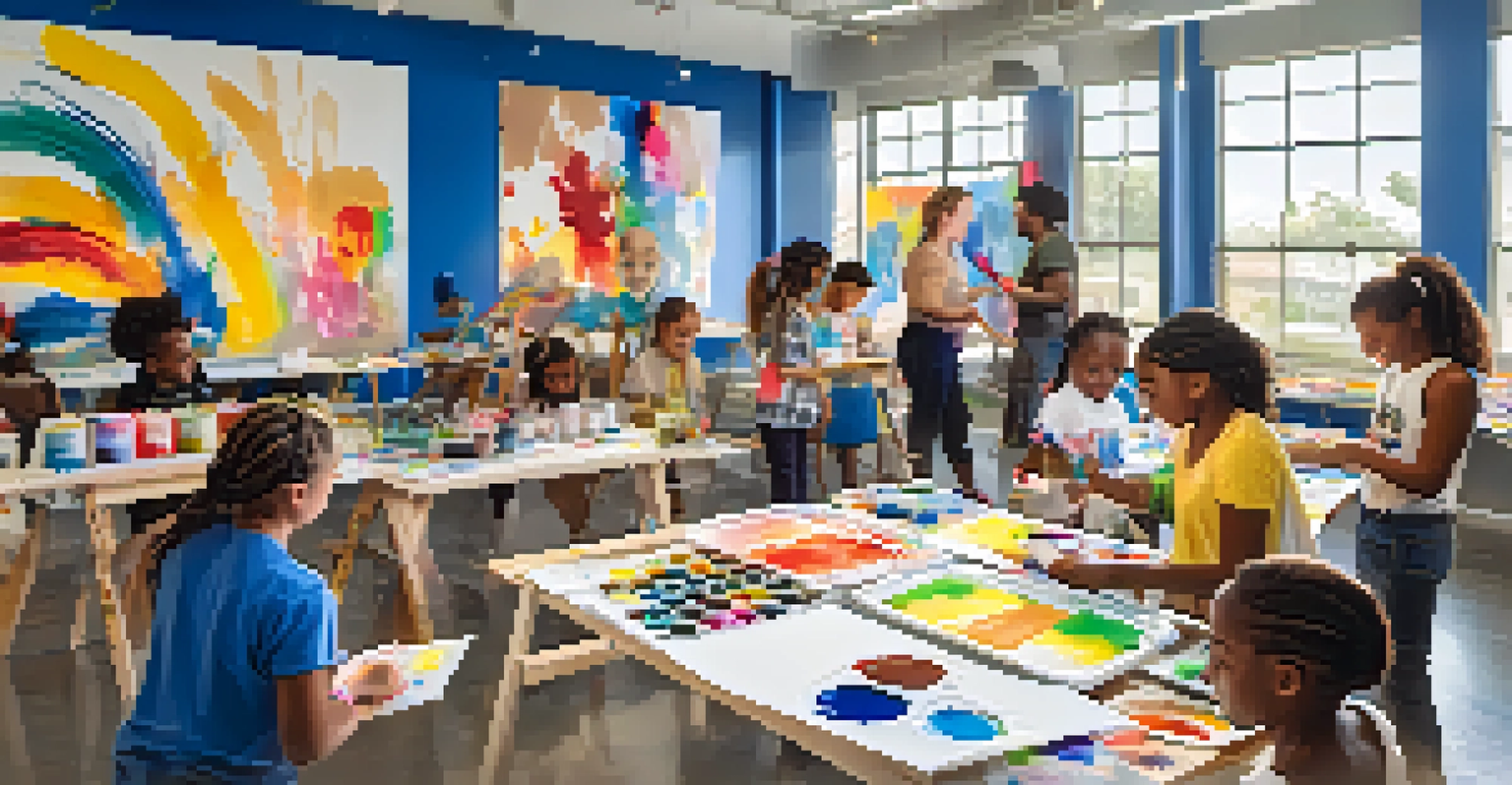 Children participating in an arts workshop, painting on canvases in a bright room filled with colors and paint supplies.