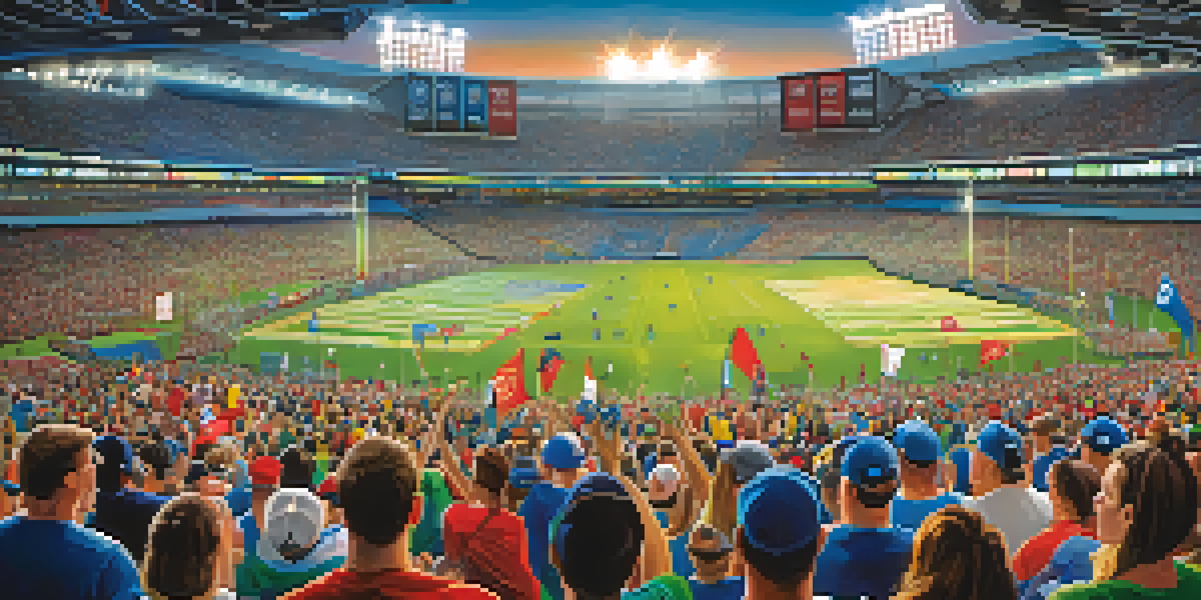 A crowded sports stadium in Tampa Bay with fans cheering, wearing colorful team jerseys, and holding banners under bright stadium lights.