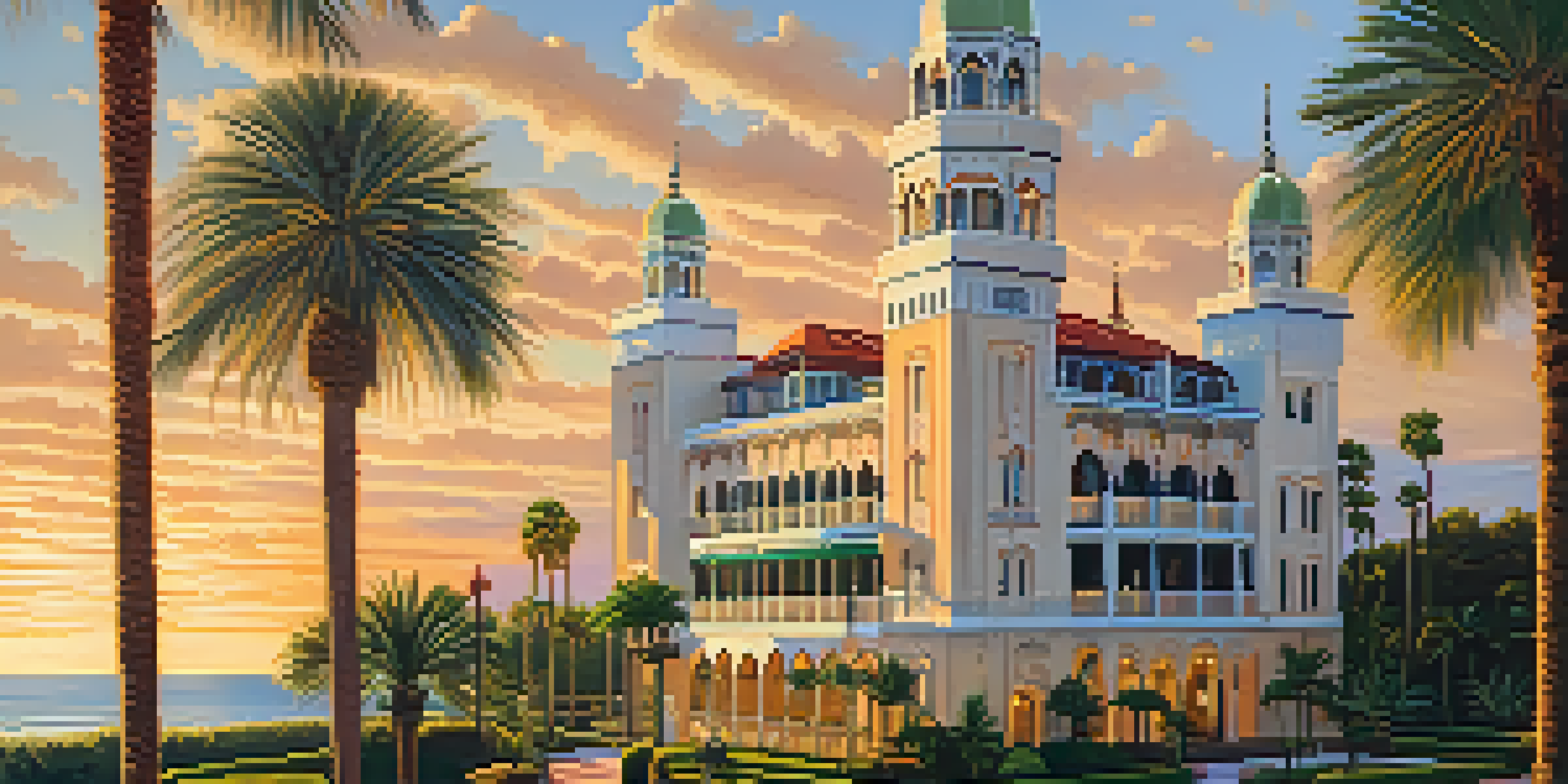 A picturesque view of the Tampa Bay Hotel with its ornate architecture and beautiful gardens during sunset.