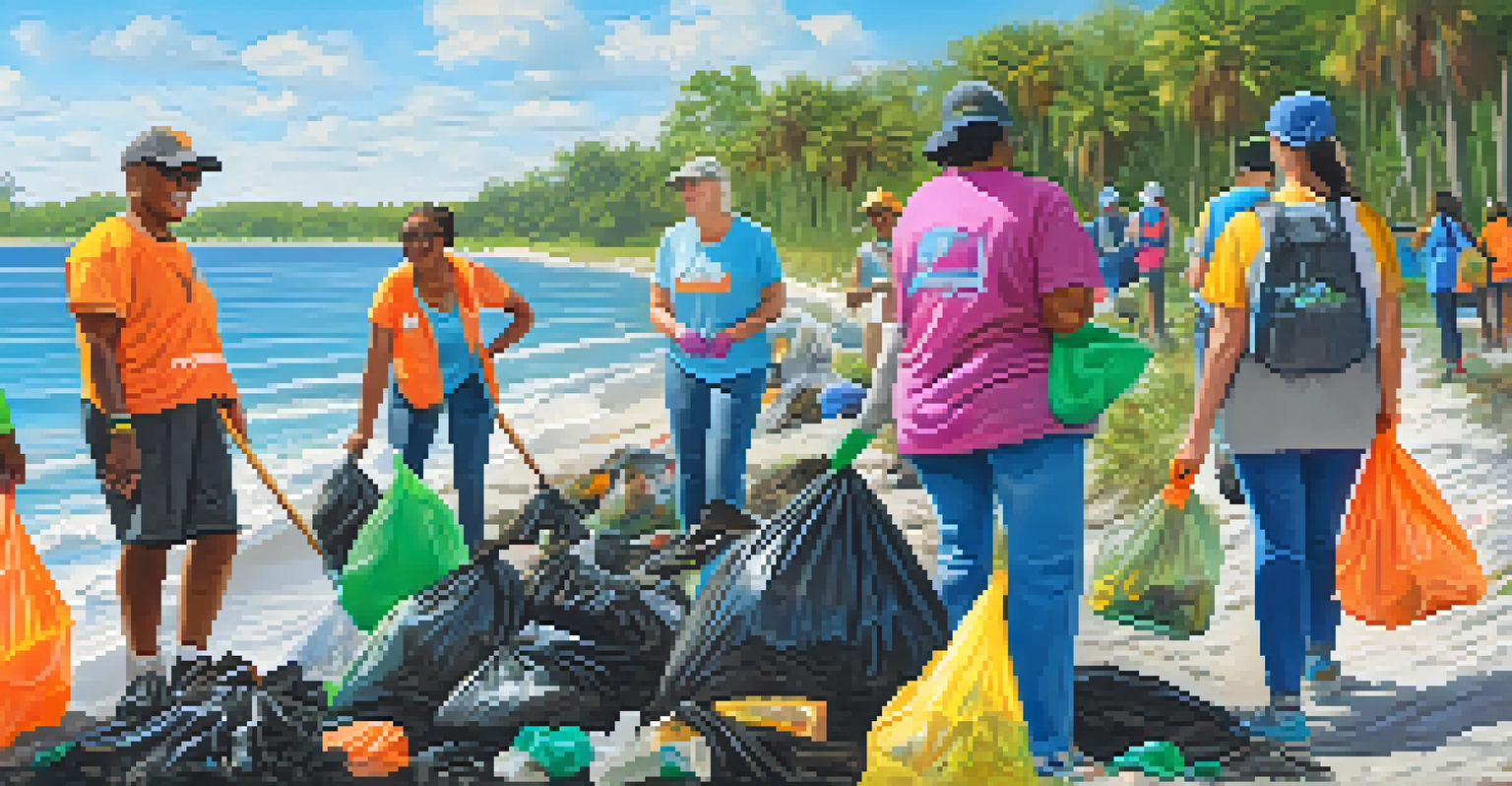 Volunteers participating in a cleanup event at Tampa Bay, collecting litter along the shore with a scenic backdrop.