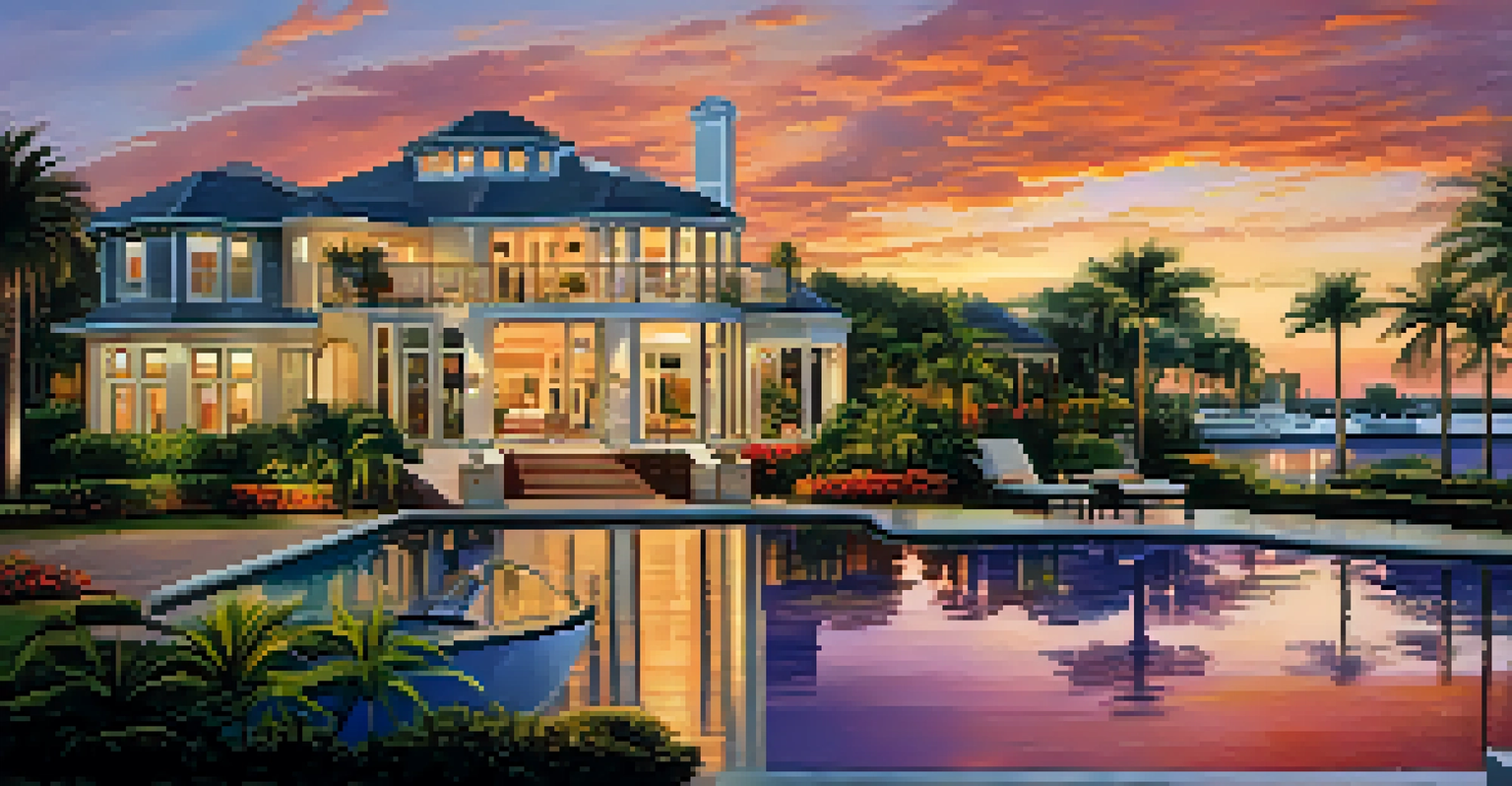 A luxury waterfront property in Tampa at sunset, featuring a private pool and beautiful landscaping with yachts in the bay.