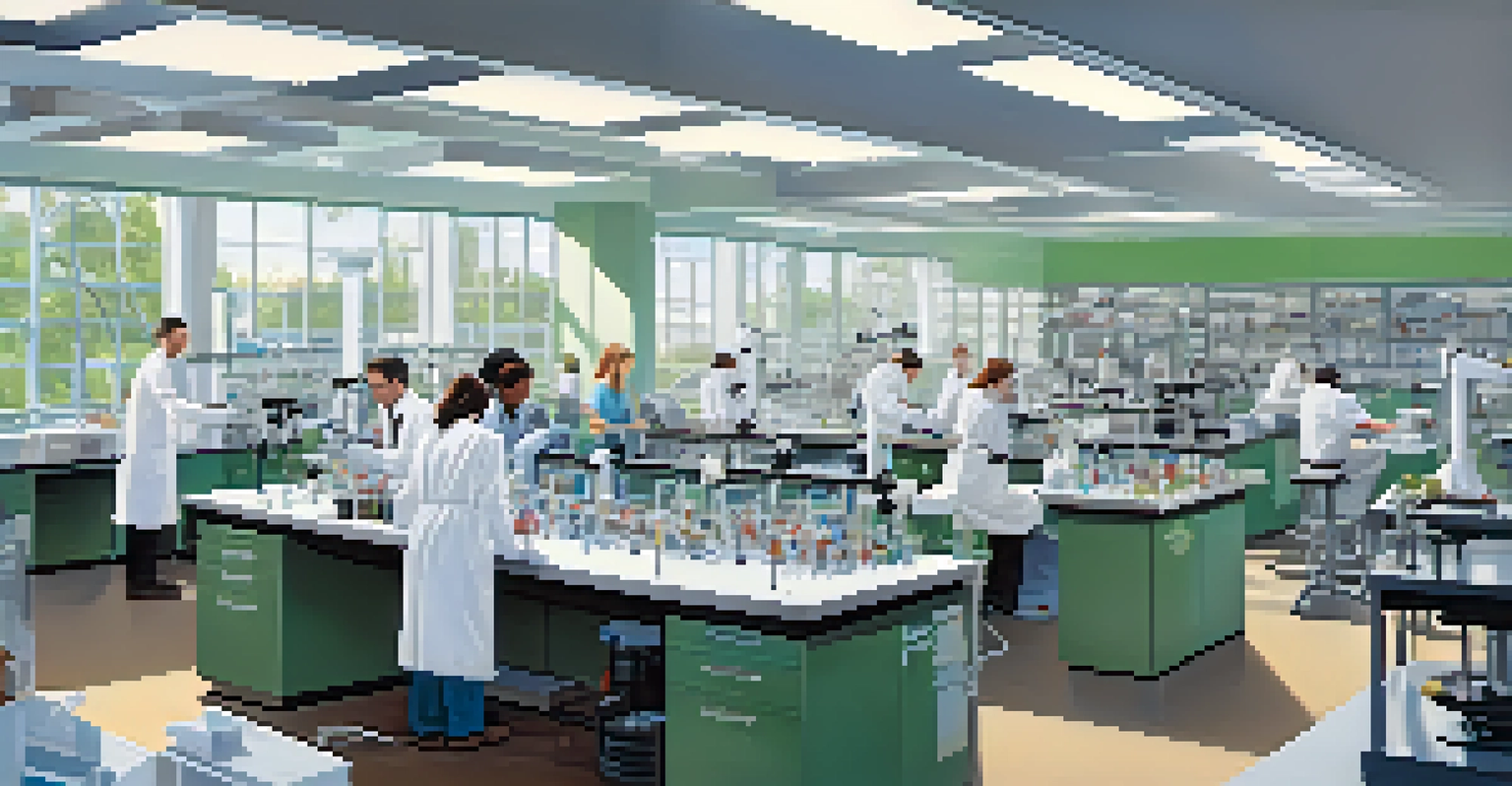 A busy university research lab with scientists and students working together on biotechnology projects.