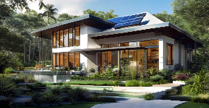 A modern eco-friendly home in Tampa with solar panels, rainwater harvesting, and green landscaping under a clear blue sky.