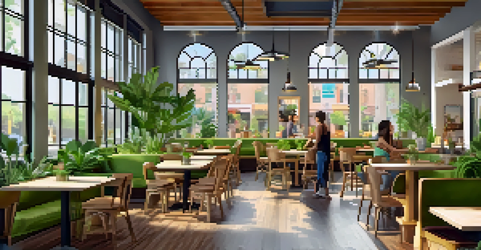 A cozy plant-based café in Tampa filled with patrons enjoying healthy meals, bright green plants, and natural light.