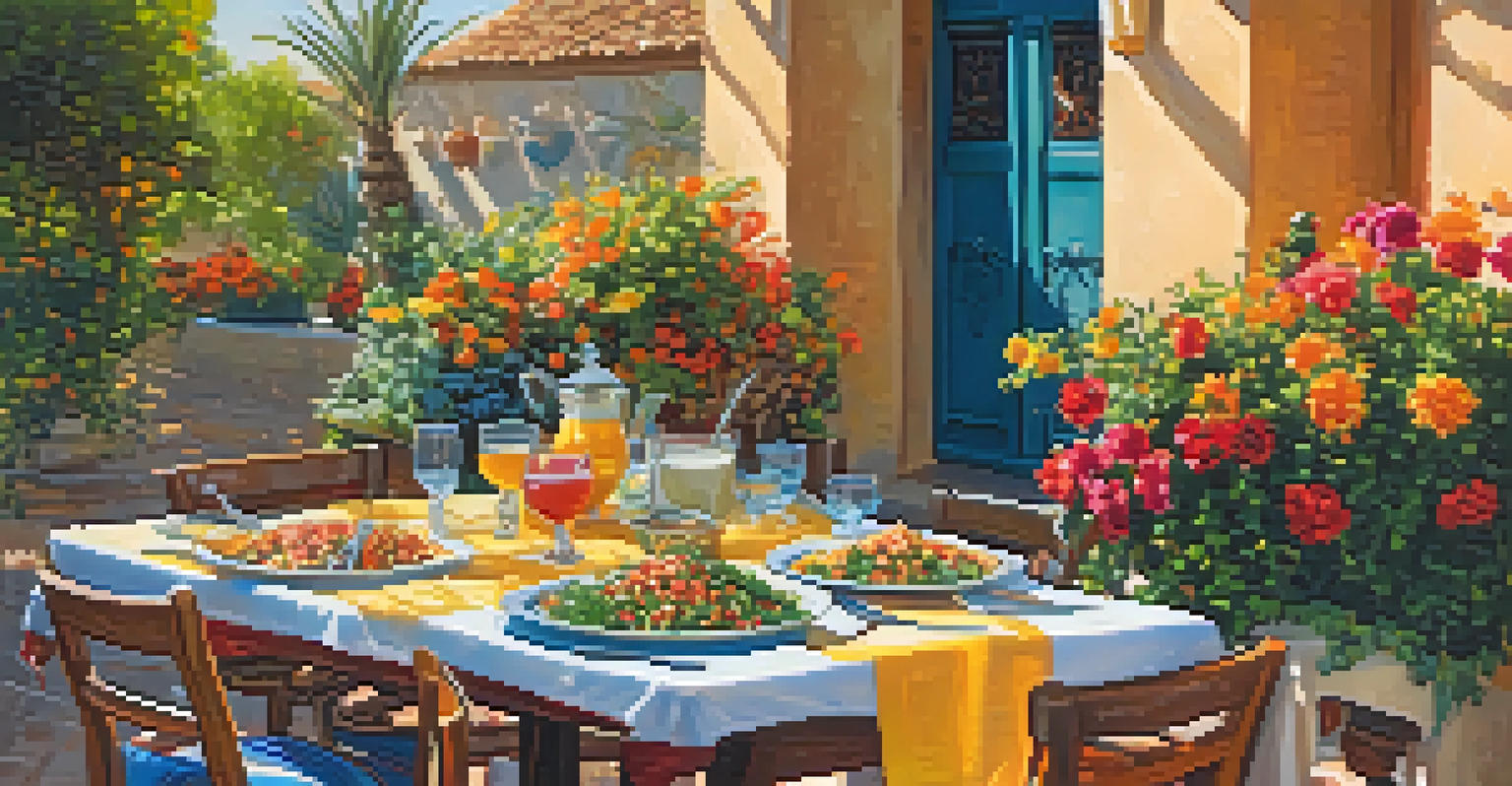 Outdoor dining scene at Cafe Haya with a table set for Mediterranean dishes, surrounded by greenery and colorful flowers, illuminated by warm sunlight.