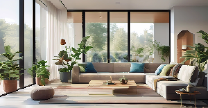 A contemporary living room showcasing smart home devices and stylish decor, illuminated by natural light.