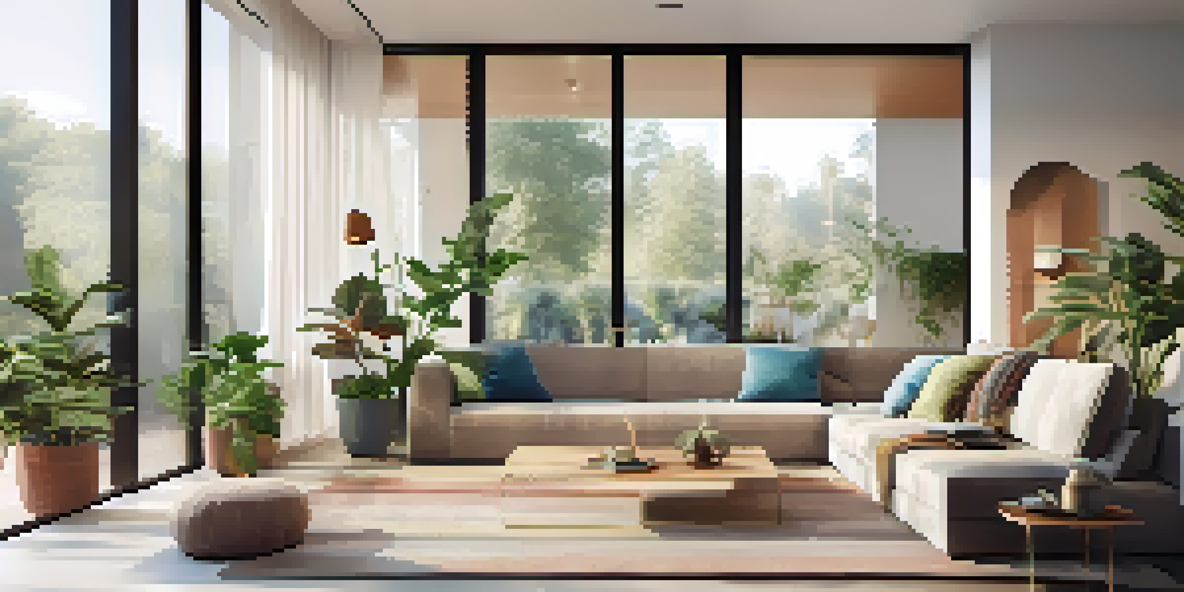 A contemporary living room showcasing smart home devices and stylish decor, illuminated by natural light.