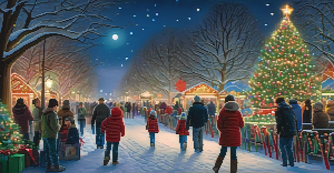 A park filled with holiday lights, families walking with hot cocoa and a large decorated Christmas tree.