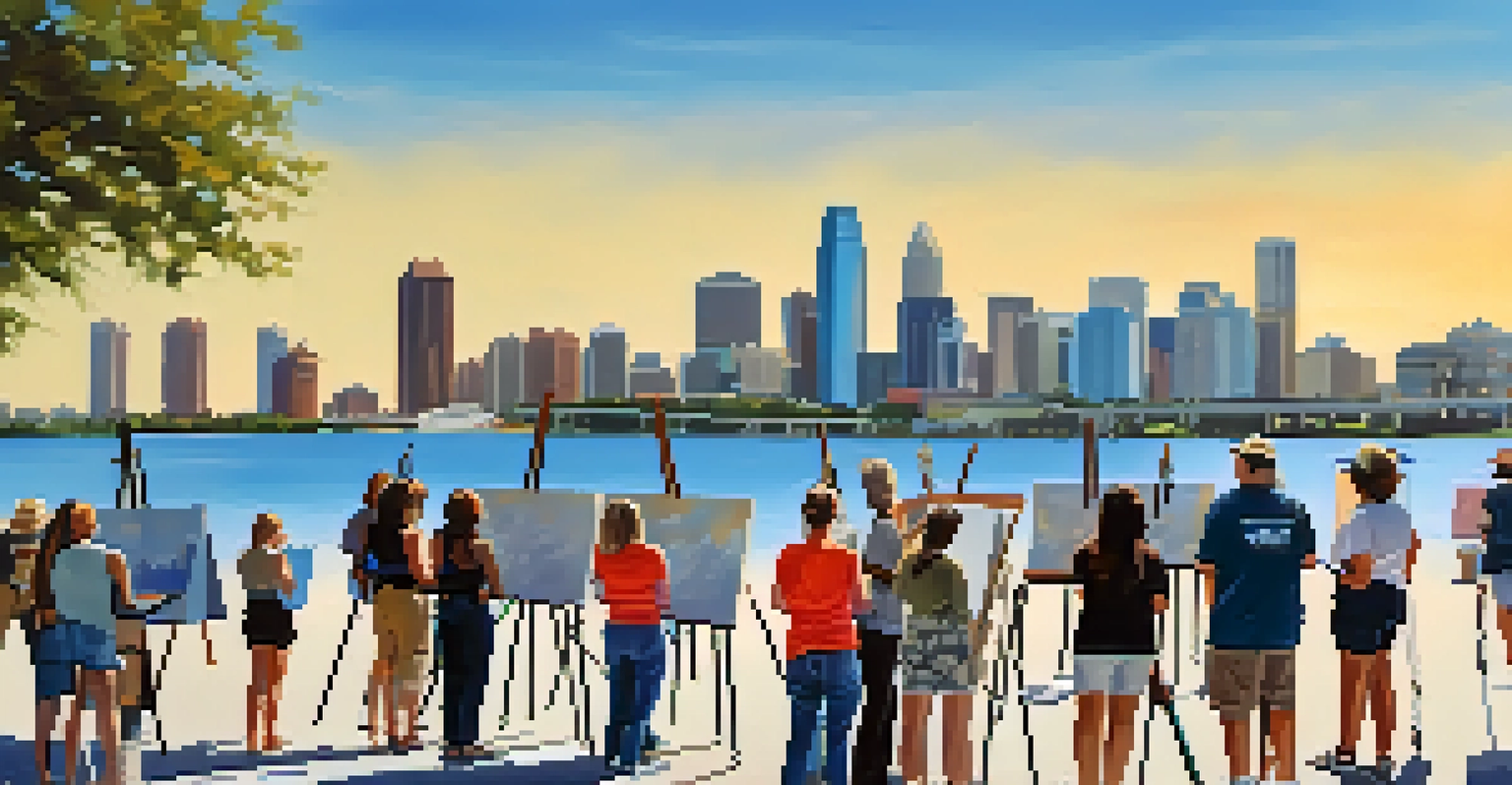 A diverse group of people participating in an outdoor art workshop, with easels and a clear blue sky in the background.