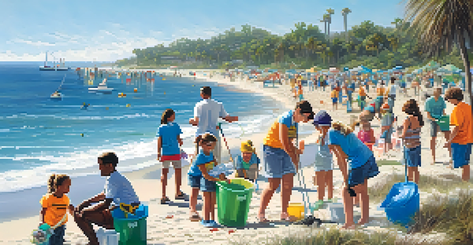 Families participating in a beach clean-up event in Tampa, with parents and children collecting litter against a backdrop of the ocean and sunny skies.