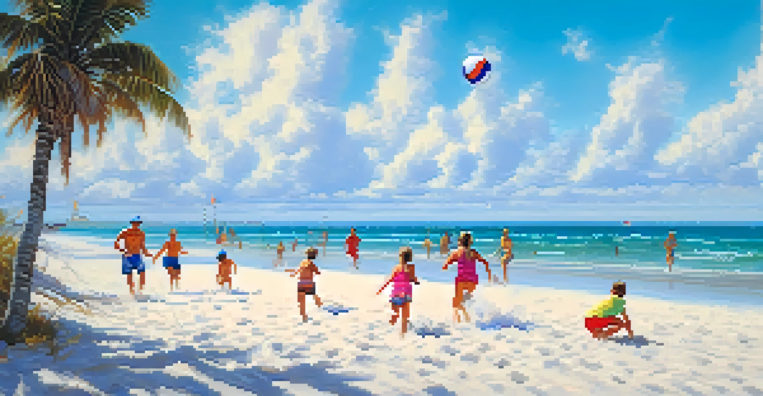 A family having fun at Honeymoon Island, playing beach volleyball and building sandcastles against a backdrop of turquoise waters.