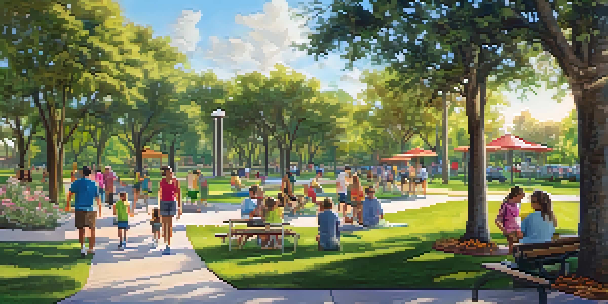 A lively park in Tampa filled with families enjoying picnics, children playing, and individuals jogging, surrounded by lush greenery and colorful flowers under warm sunlight.