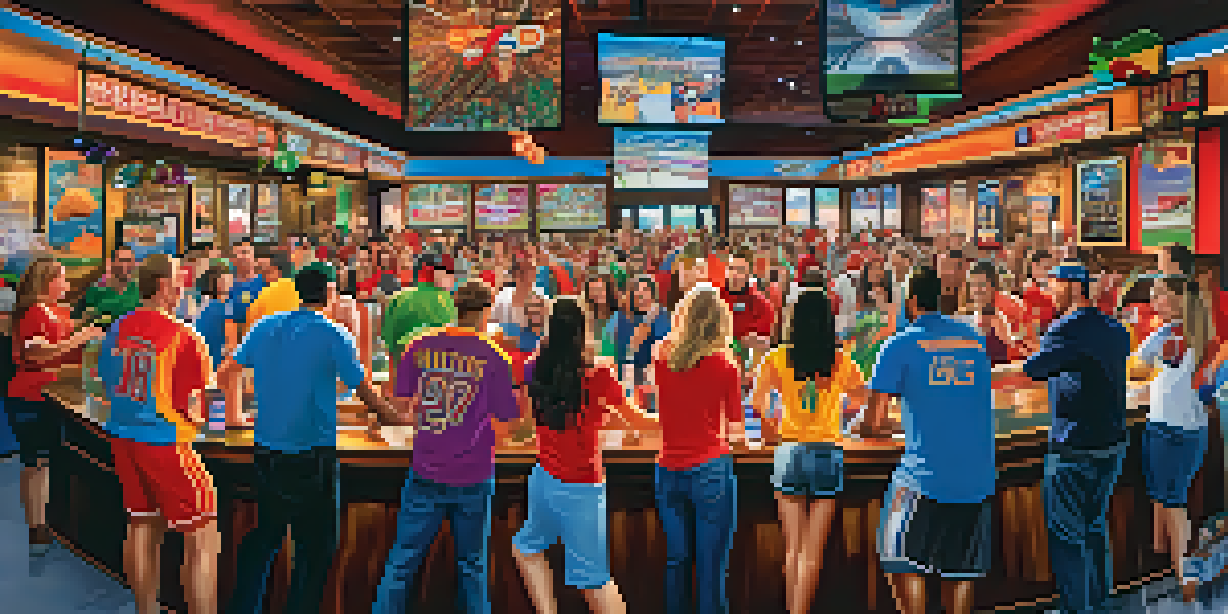 A lively sports bar filled with fans wearing team jerseys, celebrating a game day with food and drinks.