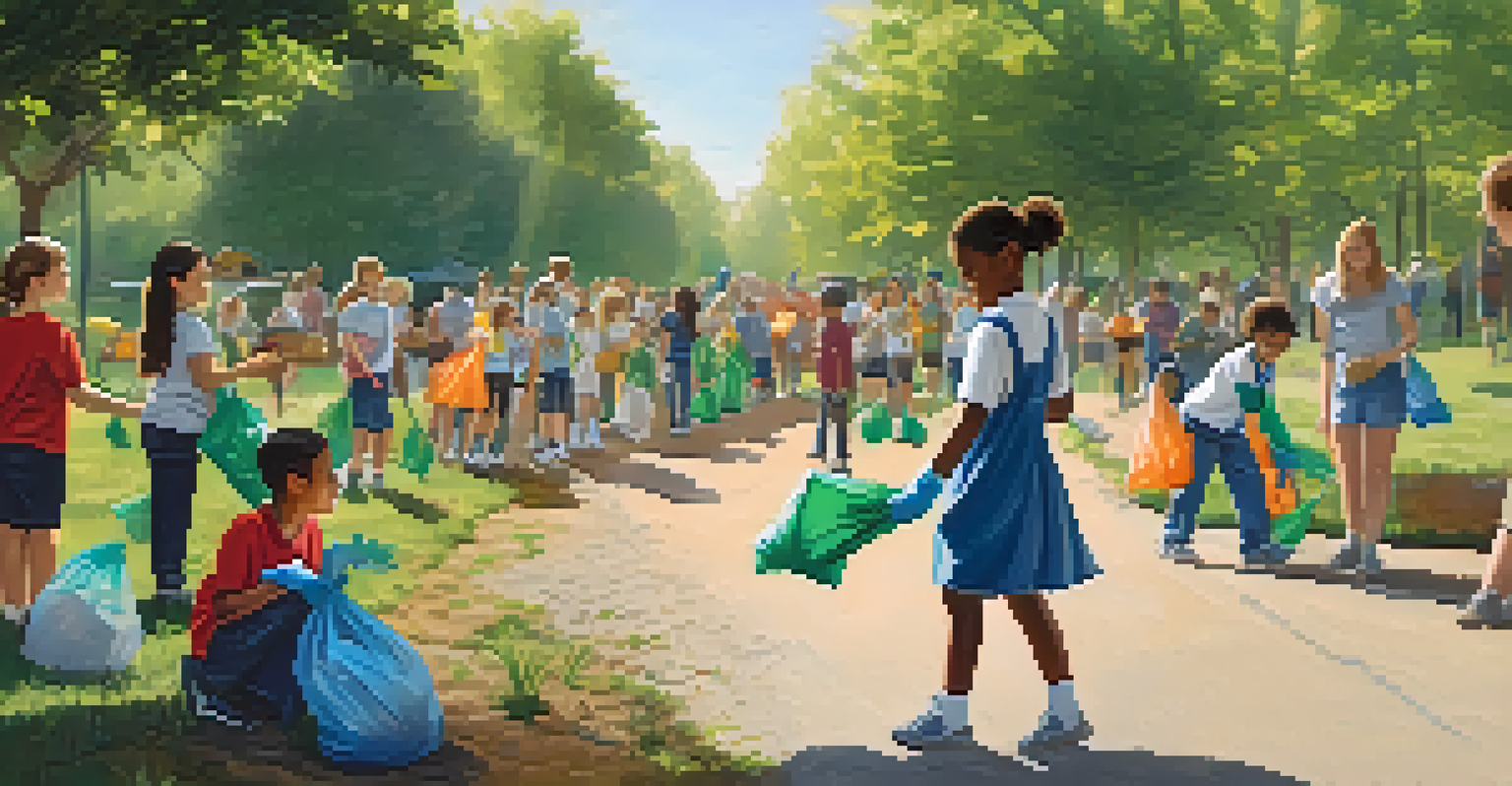 Students and adults participating in a community clean-up event outdoors, surrounded by trees and greenery.