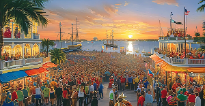 A lively parade at the Gasparilla Festival in Tampa, featuring colorful floats and participants dressed as pirates under a sunset sky.