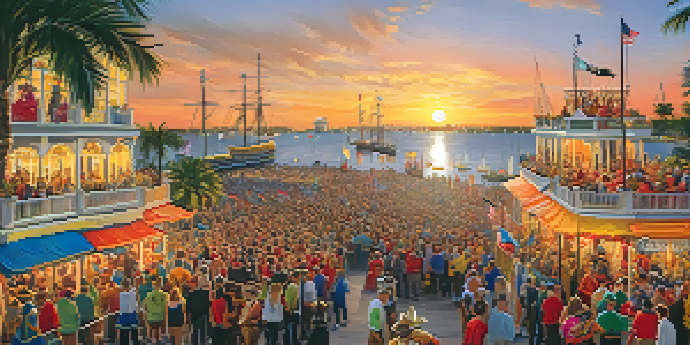 A lively parade at the Gasparilla Festival in Tampa, featuring colorful floats and participants dressed as pirates under a sunset sky.