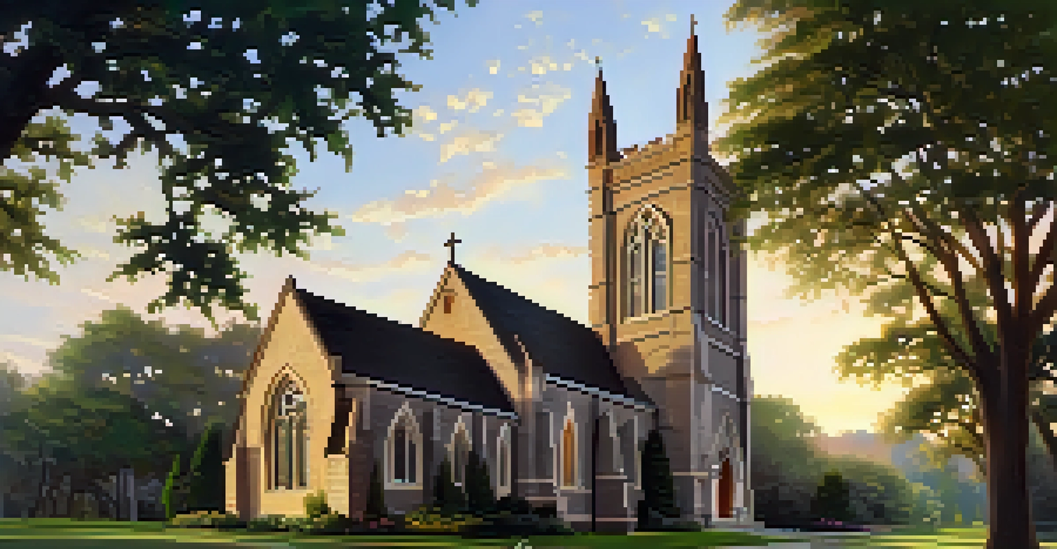 Exterior view of St. Andrew's Episcopal Church, showcasing Gothic Revival architecture surrounded by greenery.