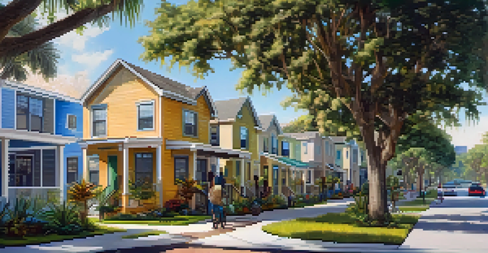 A lively Tampa neighborhood with a variety of affordable housing types, greenery, and residents enjoying outdoor activities.