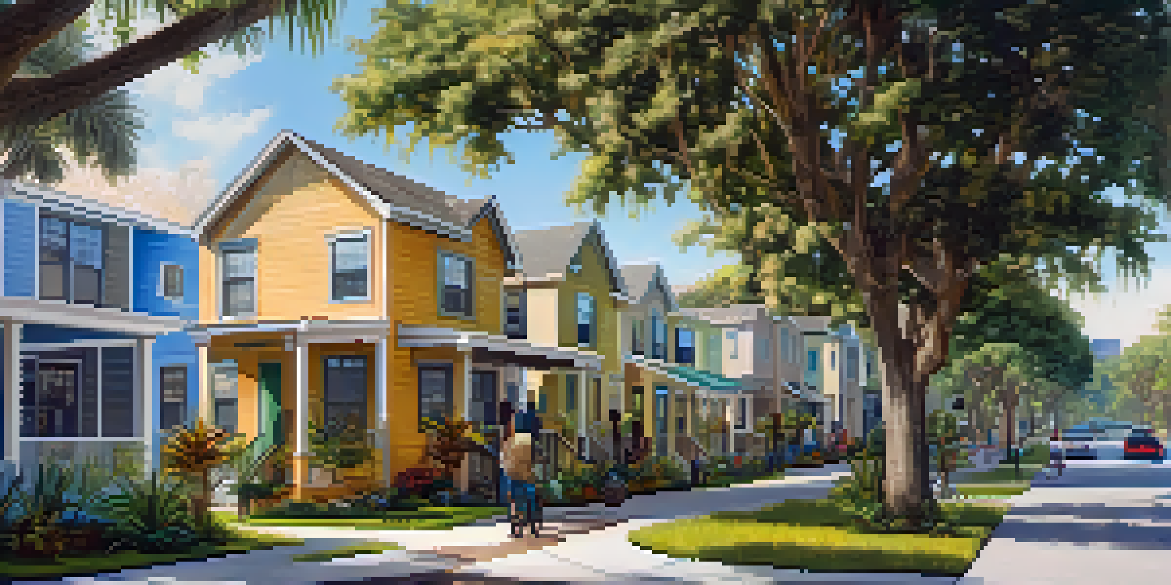 A lively Tampa neighborhood with a variety of affordable housing types, greenery, and residents enjoying outdoor activities.