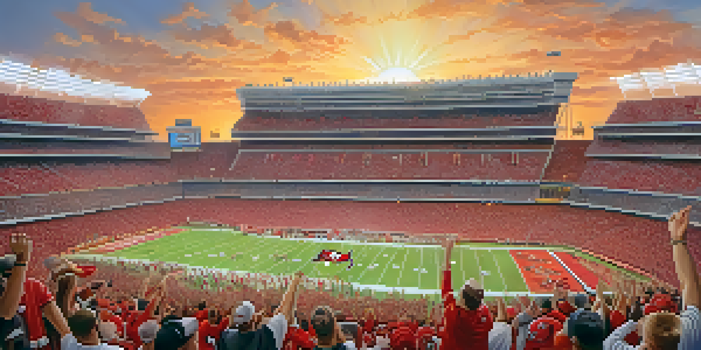 A lively stadium filled with enthusiastic Tampa Bay Buccaneers fans celebrating during a game, with a pirate ship in the end zone and a beautiful sunset.