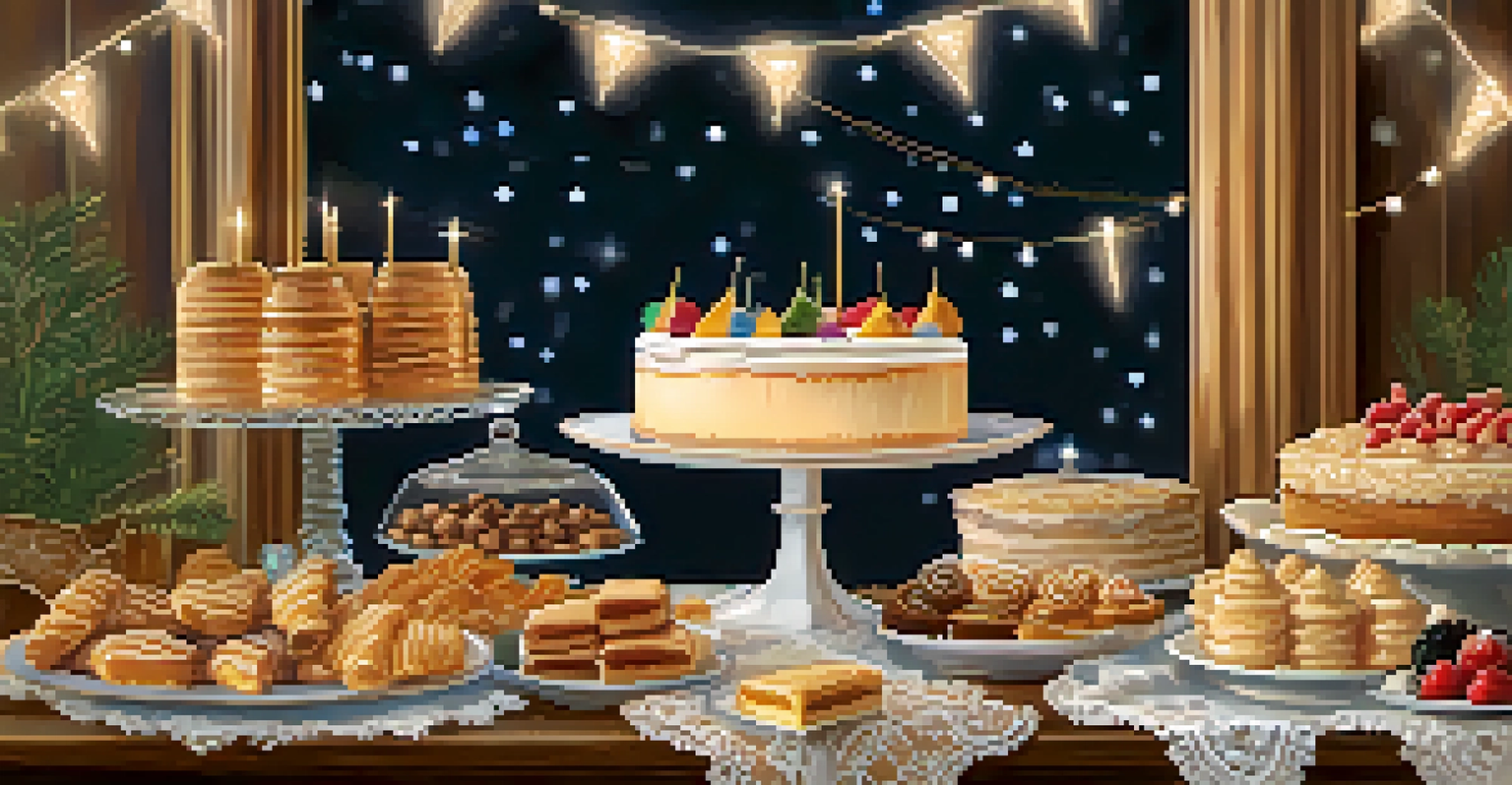 A dessert table featuring tres leches cake, baklava, and churros, artfully arranged with fairy lights in the background.