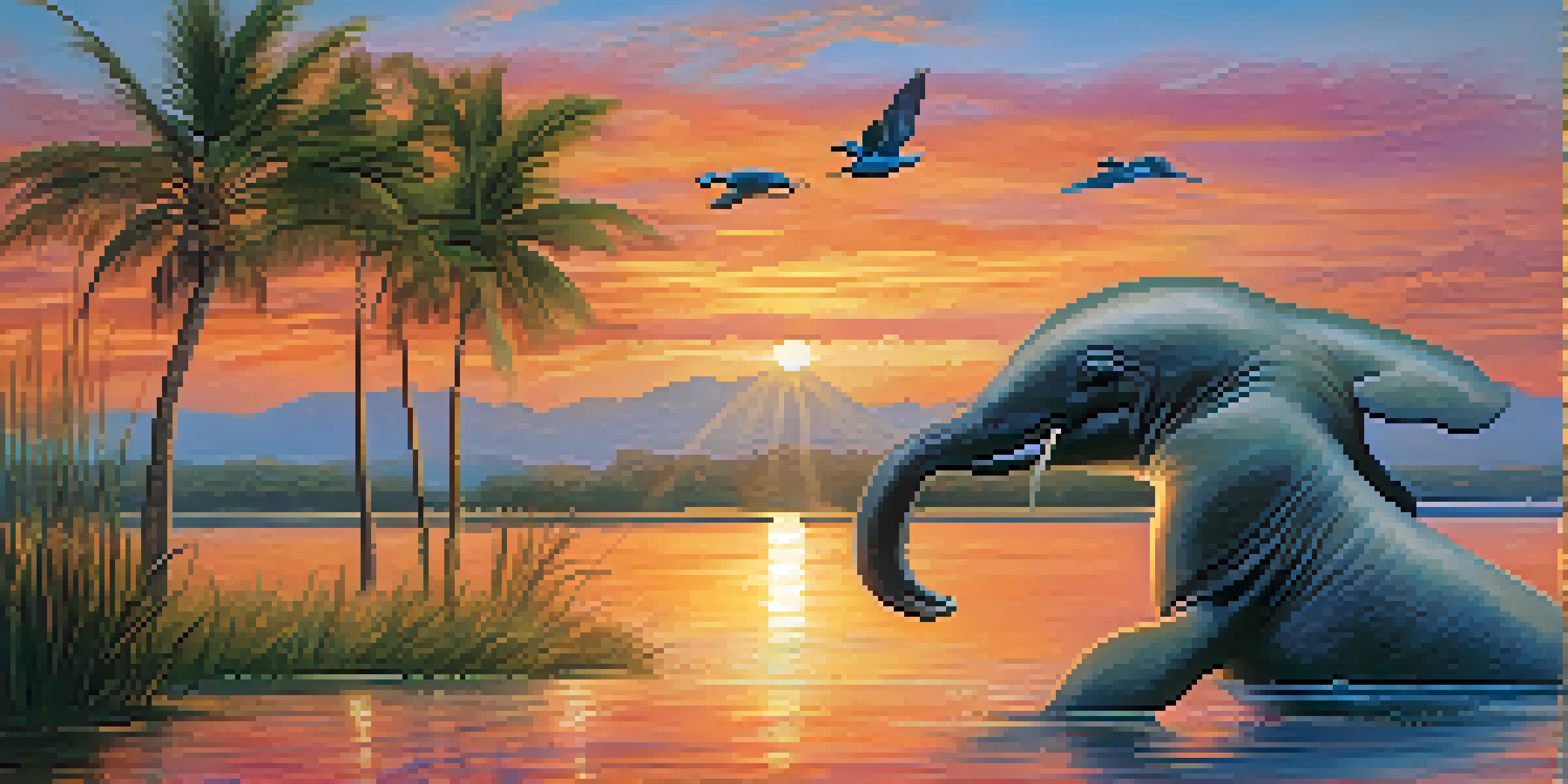 A peaceful Tampa coastal sunset with manatees swimming and a Florida Scrub-Jay perched on a branch.